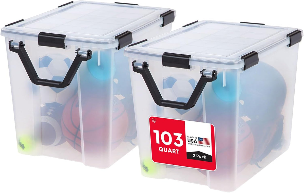 IRIS USA Storage Bins with Lids, WeatherPro Wheeled 106 Qt, Plastic, 3 Pack | Weather-tight gasket, wheels, and secure latches protect camping gear, tools, holiday décor, clothing, and documents.