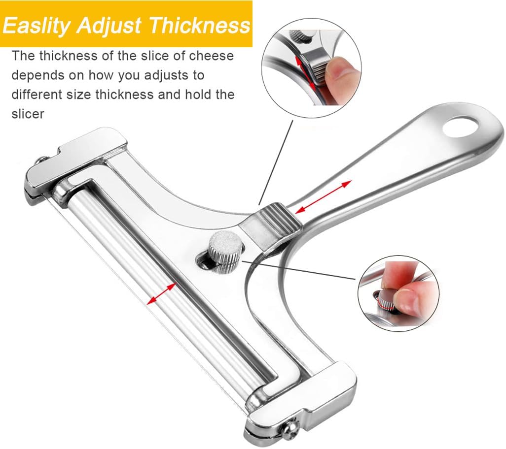 Cheese Slicer with Stainless Steel Wire - Adjustable Hand Held Cheese Cutter- Premium Cheese Shaver for Mozzarella, Cheddar, Gruyere - Cheese Cutter with Wire