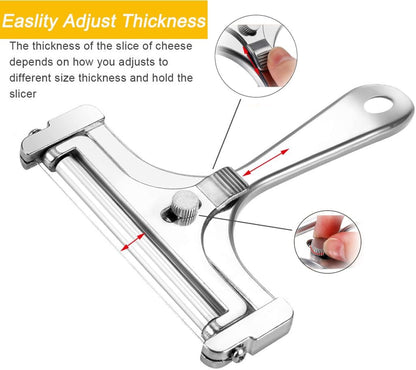 Cheese Slicer with Stainless Steel Wire - Adjustable Hand Held Cheese Cutter- Premium Cheese Shaver for Mozzarella, Cheddar, Gruyere - Cheese Cutter with Wire