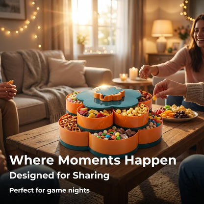 2026 Upgraded Divided Serving Tray with Lid, 360 Rotating Snack Box Container, Portable Spinning Veggie Fruit Tray for Party Appetizers, Nuts and Candy