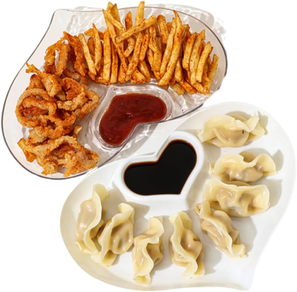 OULIGET Heart Chip Dip Serving Platter Set,Plastic Dumpling Plates with Sauce Compartment,Divided Snack Serving Dishes for Appetizer Sushi Taco Salsa Charcuterie,2 Pieces,White and Transparent