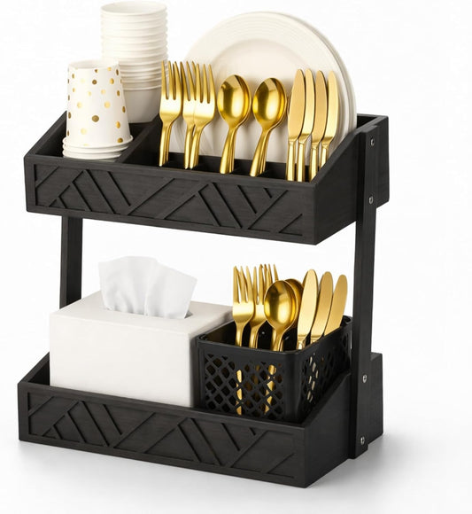 Geelin 2 Tier Paper Plate Dispenser Wood Rustic Paper Plate Holder for Countertop Silverware Utensil Caddy Cutlery Flatware Organizer Rack for Cups Spoons Forks Napkins, Kitchen Accessories, Black