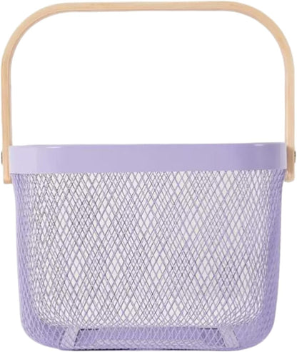 AJIODA Metal Mesh Steel Basket, Storage Organizer Basket Multi-functional Hanging Kitchen Baskets Fruit Basket Bin with Bamboo Handle for Kitchen Bathroom Picnic Shopping Decor Cabinet Home, Blue