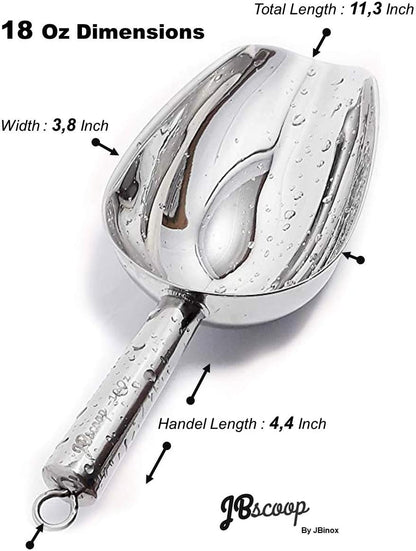 JBscoop Stainless Steel Scoop for ice, 9.6 Inch Metal Food Scoop Kitchen Bar Party Wedding Heavy Duty Dishwasher Safe - 8 Oz