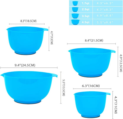 BoxedHome Nesting Plastic Mixing Bowl Set With Pour Spout, Microwave and Dishwasher Safe, BPA free Non-Slip Base, Set of 4 Size 1.7, 2.5, 3.5 and 4.5qt, Great for Prepping, Baking, Cooking (Dark Blue)