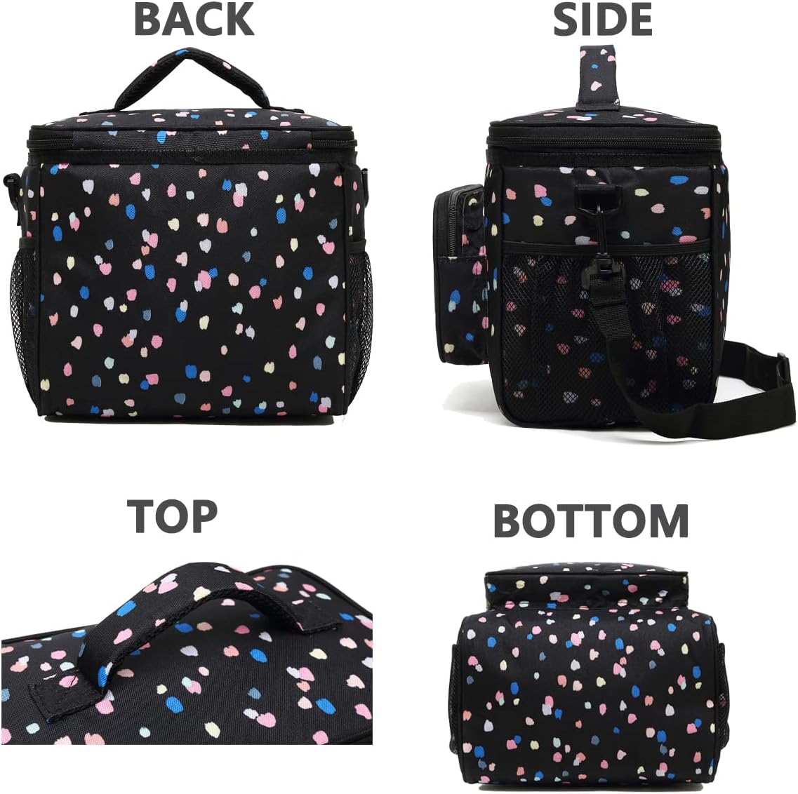 FlowFly Insulated Reusable Lunch Bag Adult Large Lunch Box for Women and Men with Adjustable Shoulder Strap,Front Zipper Pocket and Dual Large Mesh Side Pockets,Cherry - Colors A