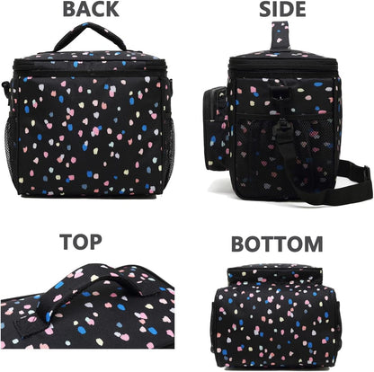 FlowFly Insulated Reusable Lunch Bag Adult Large Lunch Box for Women and Men with Adjustable Shoulder Strap,Front Zipper Pocket and Dual Large Mesh Side Pockets,Cherry - Colors A