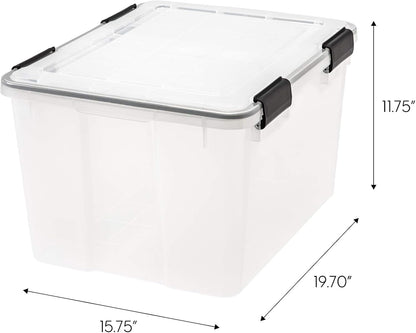 IRIS USA WeatherPro Storage Bins with Lids, 47 Qt, Gasket Seal, 2 Pack | Airtight gasket helps protect clothing, shoes, crafts, keepsakes, and household supplies from moisture and dust.