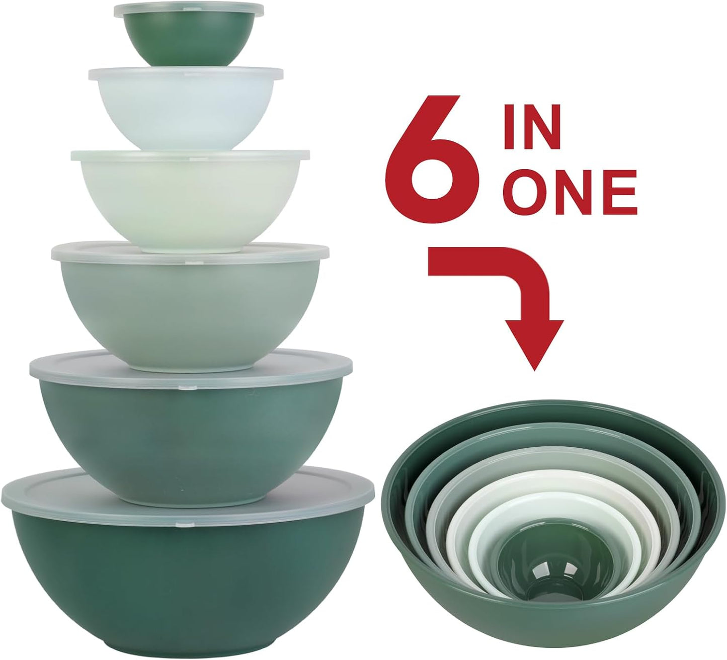BoxedHome BPA Free Plastic Round Mixing Bowl with Lids, 12 Pack Nesting Bowls with Lids Set, Microwave and Dishwasher Safe Prep & Serving Bowls Great for Mixing, Baking, Serving (pinkish green, 12pcs)