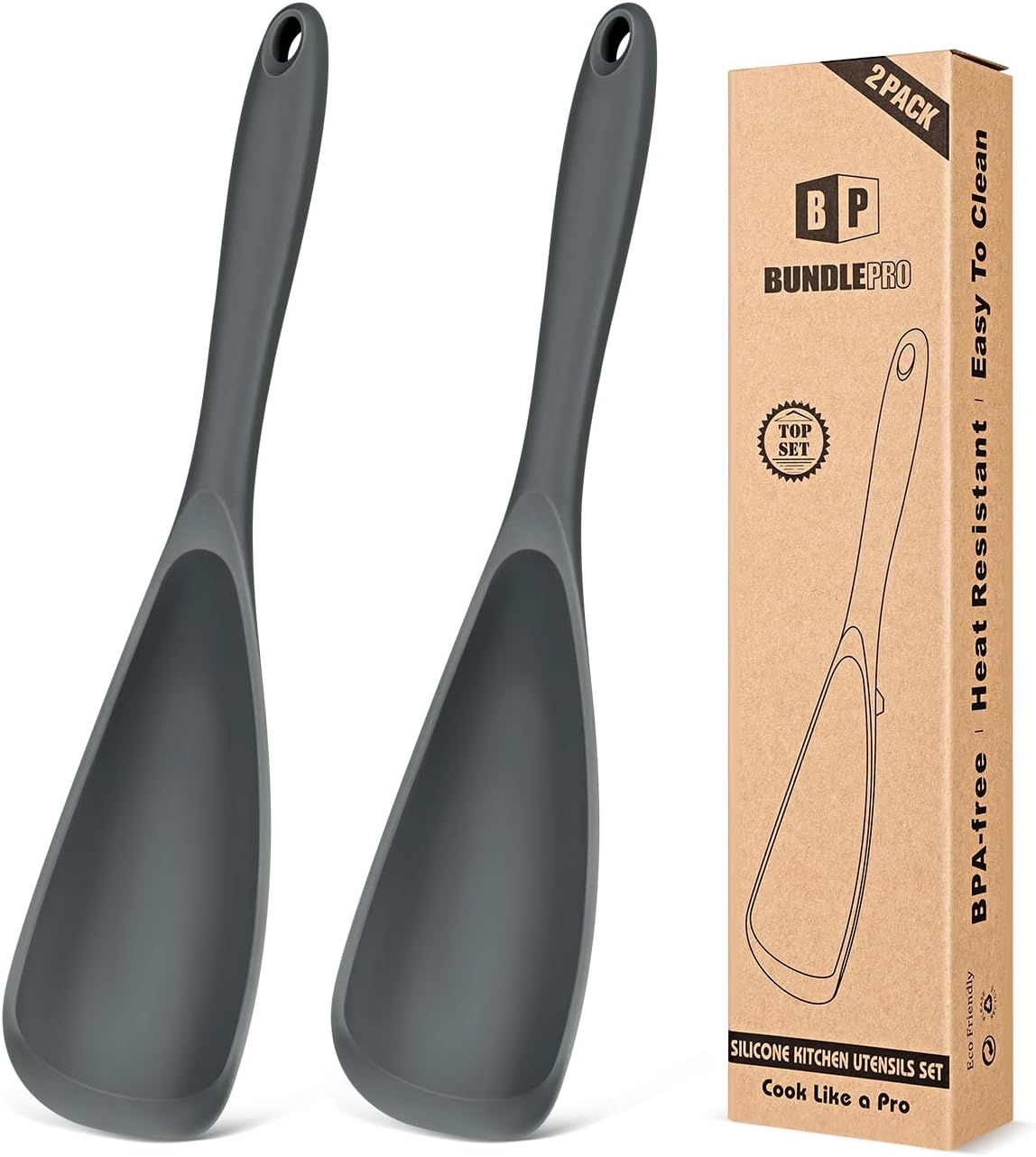 Pack of 2 Cooking Spoons for Non Stick Cookware, Multifunction Spatula Spoon BPA-Free, One-Piece Design, Suitable for Scooping, Scraping, Serving and Mixing(BLACK-GRAY)