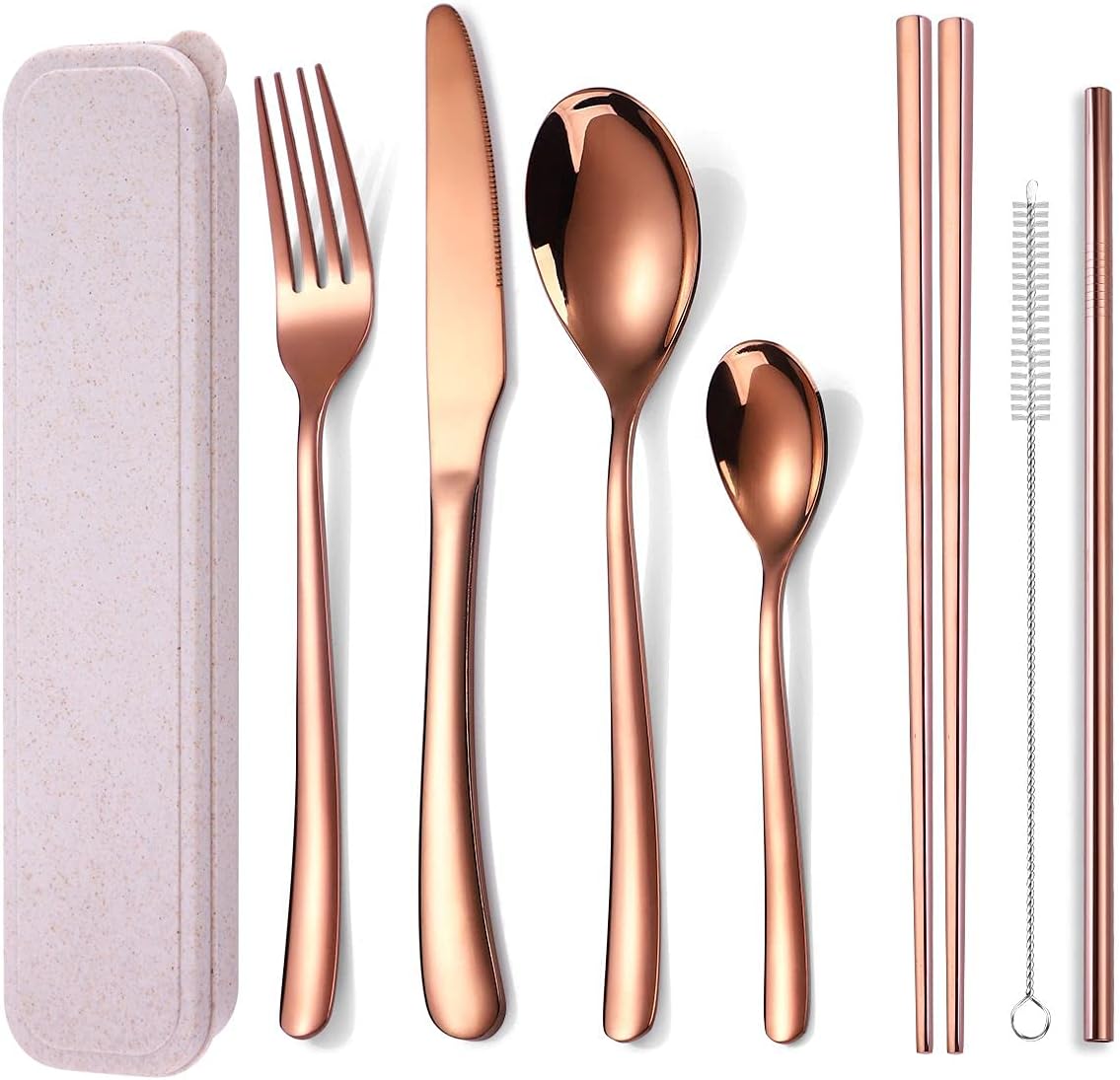 AARAINBOW 7 Pieces Stainless Steel Flatware Set Portable Reusable Cutlery Set Travel Utensils Set Including Chopsticks Knife Fork Spoon Straws Cleaning Brush Dishwasher Safe (B-Pink Golden)