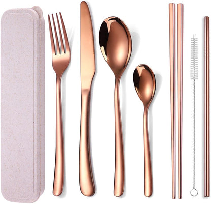 AARAINBOW 7 Pieces Stainless Steel Flatware Set Portable Reusable Cutlery Set Travel Utensils Set Including Chopsticks Knife Fork Spoon Straws Cleaning Brush Dishwasher Safe (B-Pink Golden)