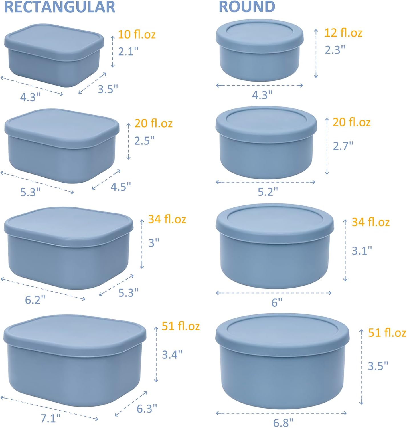 100% Silicone Food Storage Containers with Lids, 8 Pack, 10oz to 51oz, Reusable Leakproof Nesting & Stackable Silicone Bento Lunch Box, Microwave Freezer Dishwasher Oven Safe, BPA Free, Slate Green