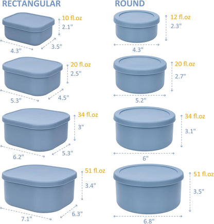 100% Silicone Food Storage Containers with Lids, 8 Pack, 10oz to 51oz, Reusable Leakproof Nesting & Stackable Silicone Bento Lunch Box, Microwave Freezer Dishwasher Oven Safe, BPA Free, Slate Green