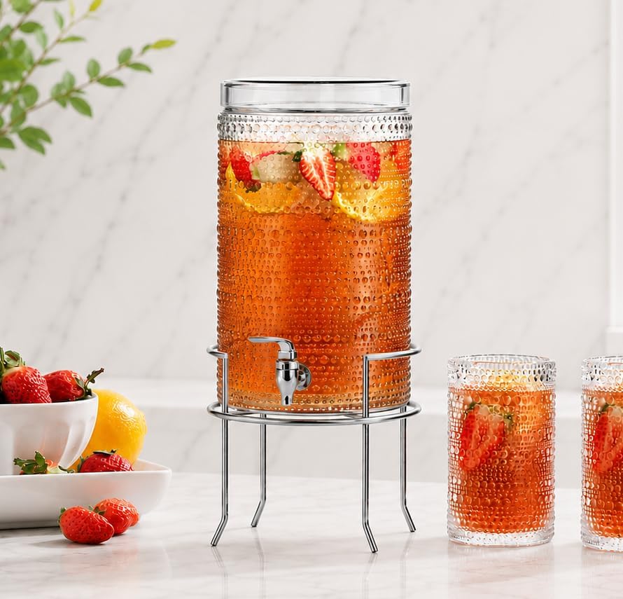 2 Gallon Glass Drink Dispenser, hobnail Drink Dispensers for Parties, Beverage Dispenser with Stand and Glass Lid, 100% Leakproof Spigot, Ideal for Lemonade, Juice, Laundry Detergent Dispenser