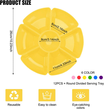 ‌12 Pcs Plastic Serving Trays with 7 Compartments - 10 Inch Round Chip & Dip Thanksgiving Plates for Candy, Nuts, Fruits, Veggies - Party Platter Set, 6 Colors