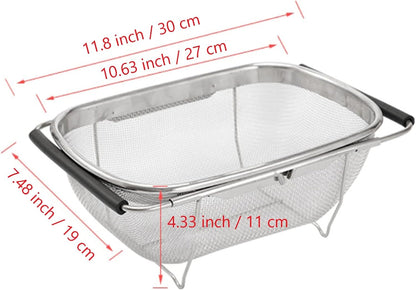 AJIODA Over The Sink Colander, 4 Quarts Stainless Steel Oval Colander with Expandable Rubber Grip Handle, Fine Mesh Strainer Baskets Kitchen Colanders for Strain, Drain, Rinse Vegetable, Fruits, Black