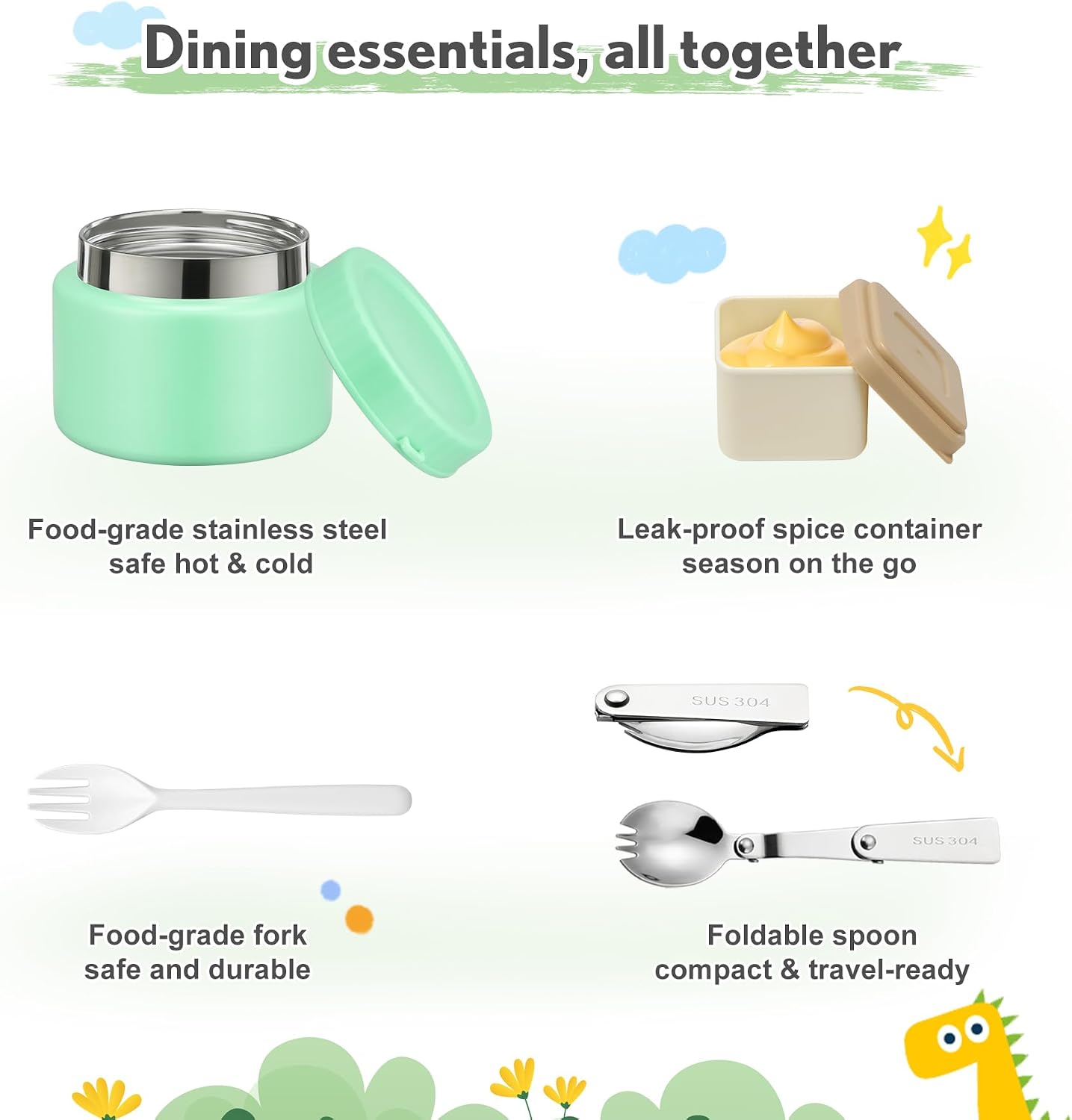 Lunch Box Kids with 5 Compartments, Insulated Food Jar & Utensils, Leak Proof Bento Box with Sauce Container, BPA-Free & Dishwasher Safe, Dinosaur Design(Purple)