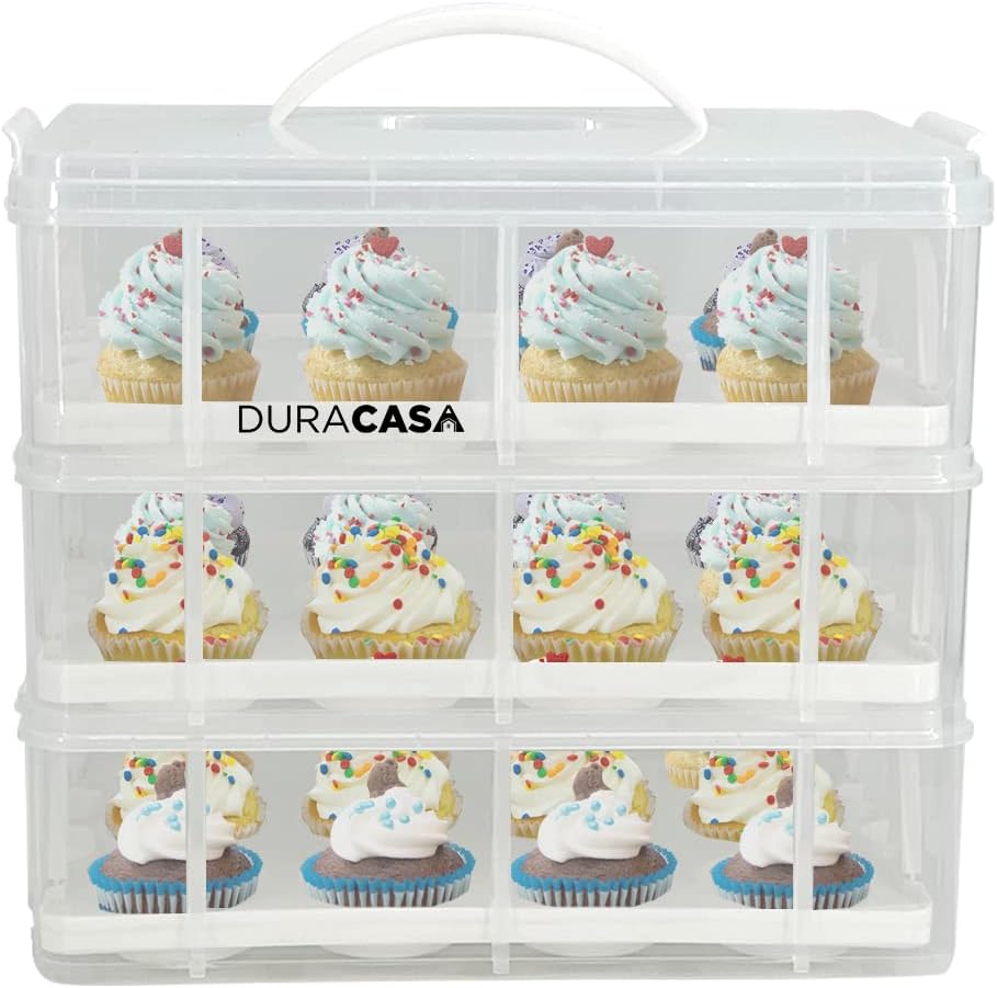 Cupcake Carrier, Cupcake Holder | Premium Upgraded Model Holds Cupcakes Steadier | Store up to 36 Cupcakes or Muffins | Stacking Cupcake Storage Container | Use 1,2, or 3 Tiers (White)
