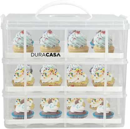 Cupcake Carrier, Cupcake Holder | Premium Upgraded Model Holds Cupcakes Steadier | Store up to 36 Cupcakes or Muffins | Stacking Cupcake Storage Container | Use 1,2, or 3 Tiers (White)