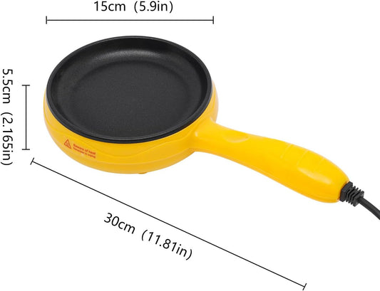 Non-Stick Electric Skillet, 450W 110V Round Mini Frying Pan, Egg Pancake Maker Omelet w/Wooden Spatula, Overheating Protection, Used for Frying Dumplings, Bacon, Sausage, 5.9 * 5.9 * 2.2in (Yellow)