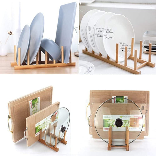 INNERNEED Bamboo Wooden Dish Rack, Vertical Plate & Lid Organizer