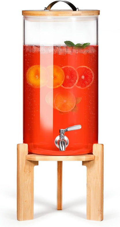 Glass Beverage Dispenser with Bamboo Stand and Lid, Iced 2.1 Gallon Drink Server with Spigot, Large Thick Glass Drink Dispenser for Parties, Hotels, Restaurants, Homes