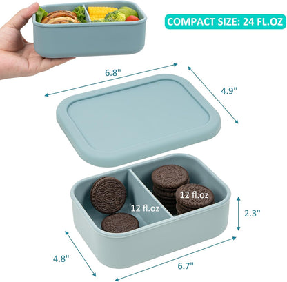 Silicone Bento Box Adult Lunch Container, 3 Compartment Container, Food Grade Silicone Bento Lunch Box for Work Travel Meal Prep, Leak-proof Food Storage Container（1 Pack Nile Blue）