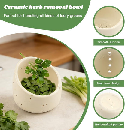 Ceramic Herb Stripper Bowl Set, 2‑In‑1 Herb Leaf Remover Tool Peeling Bowl