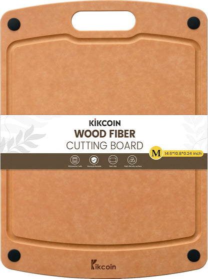 Kikcoin Wood Cutting Board, Cutting Boards for Kitchen Dishwasher Safe Non-slip Chopping Board with Juice Groove, Wood Fiber Composite Cutting Board with Hanging Hole, 14.6"*10.8"