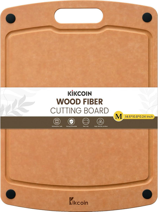 Kikcoin Wood Cutting Board, Cutting Boards for Kitchen Dishwasher Safe Non-slip Chopping Board with Juice Groove, Wood Fiber Composite Cutting Board with Hanging Hole, 14.6"*10.8"