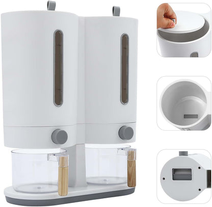 Dual Rice Dispenser, Grain Holder Beans Cereal Dispensers, Rice Storage Container with 2 Measuring Cup, with Airtight Lid, for Home Kitchen Countertop Organization (White Grey)