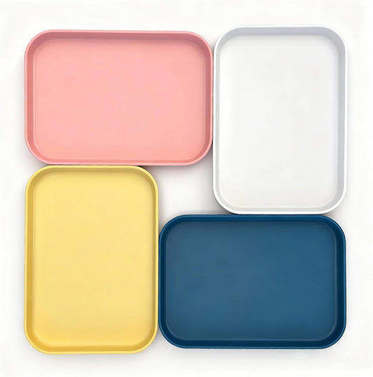 Plastic Serving Trays Set of 4, Rectangular Reusable Unbreakable Platters for Party, Picnic, BBQ & Home, Lightweight Stackable BPA-Free, 4 Assorted Color