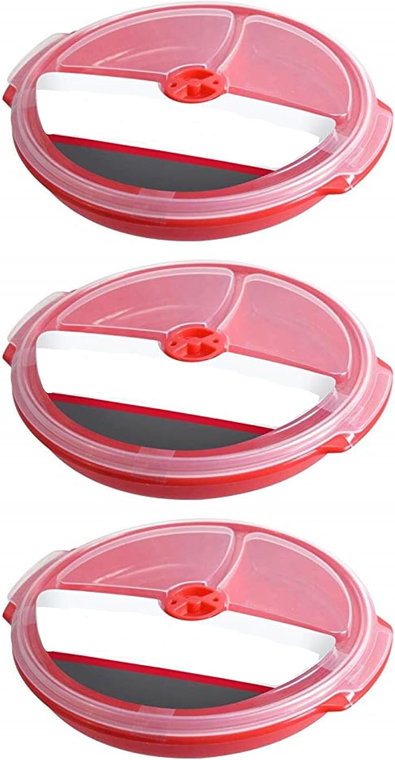 3 pack- Microwave Food Storage Travel Tray Containers - Portion Control - 3 Section Compartment Divided Plates with Vented Lid For Easy Reheat (3, Red)