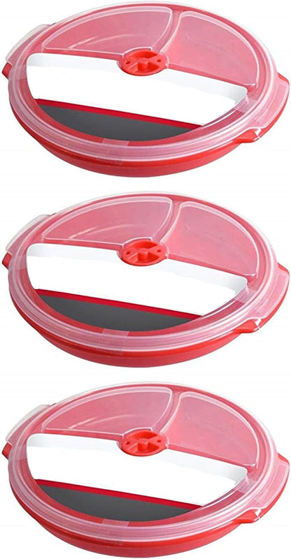3 pack- Microwave Food Storage Travel Tray Containers - Portion Control - 3 Section Compartment Divided Plates with Vented Lid For Easy Reheat (3, Red)