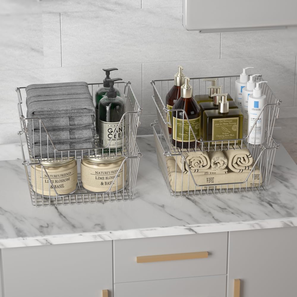 Slideep Wire Storage Baskets, Freezer Baskets Farmhouse Stackable Organizer Storage Bins Large Organizer for Storage, Office, Bathroom, Pantry Organization Storage with Handles 14" Black -Set of 3