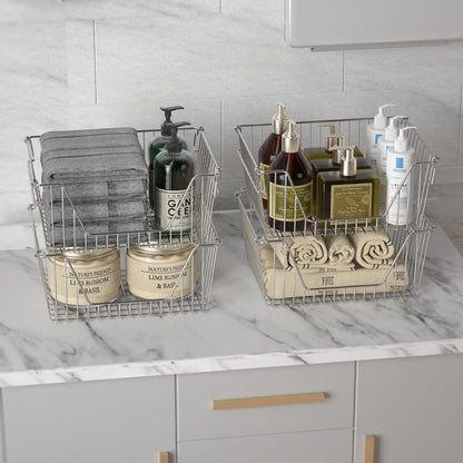 Slideep Wire Storage Baskets, Freezer Baskets Farmhouse Stackable Organizer Storage Bins Large Organizer for Storage, Office, Bathroom, Pantry Organization Storage with Handles 14" Black -Set of 3