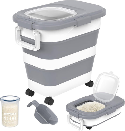 HOYTAMDA 28-40Lbs Rice Container,Collapsible Airtight Food Storage Containers with Wheels,Handle,Rice Storage Container with Small Bin and Scoop,Rice Dispenser for Flour Sugar Cereal Grain Dog Cat