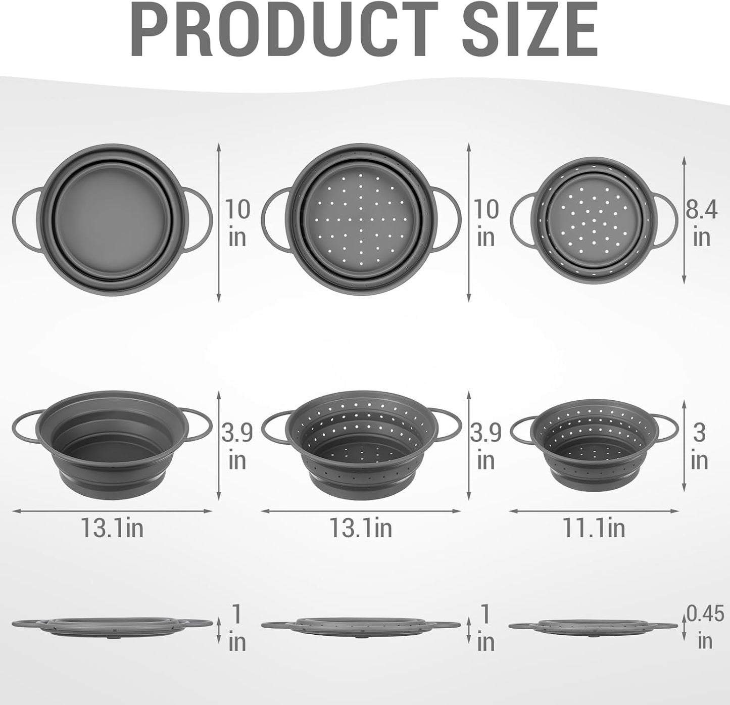 3 Pack Collapsible Colander with Strainer Bowl Set, 11 & 13 In BPA-Free Silicone Colanders for Kitchen, Heat-Resistant Strainer Dishwasher Safe Baskets for Vegetable Fruits(White)