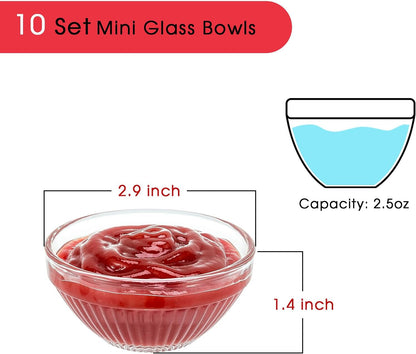 PARBEE 3" Clear Glass Pinch Bowls, 10 Pack 2.5oz Small Prep Dishes Stackable Ingredient Bowls for Spices Dipping Sauces Ice Cream Toppings, Dishwasher Microwave and Freezer Safe
