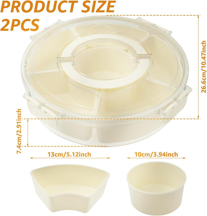 2 PCS Round Snack Tray Box with Lid, Rotating Container Snack Veggie Tray with Handle, Fruit Platter Spinner Container for Home Charcuterie Veggie Fruit Picnic Travel Party