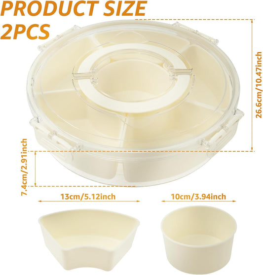 2 PCS Round Snack Tray Box with Lid, Rotating Container Snack Veggie Tray with Handle, Fruit Platter Spinner Container for Home Charcuterie Veggie Fruit Picnic Travel Party