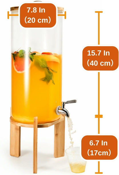 Glass Beverage Dispenser with Bamboo Stand and Lid, Iced 2.1 Gallon Drink Server with Spigot, Large Thick Glass Drink Dispenser for Parties, Hotels, Restaurants, Homes