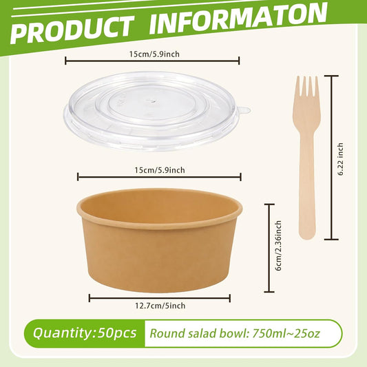 50 Pcs 25 oz Large Paper Bowls with Lids, Disposable Meal Prep Containers, Disposable Soup Bowls for Hot/Cold, Microwavable and Freezer Storage Use Cardboard Food Containers