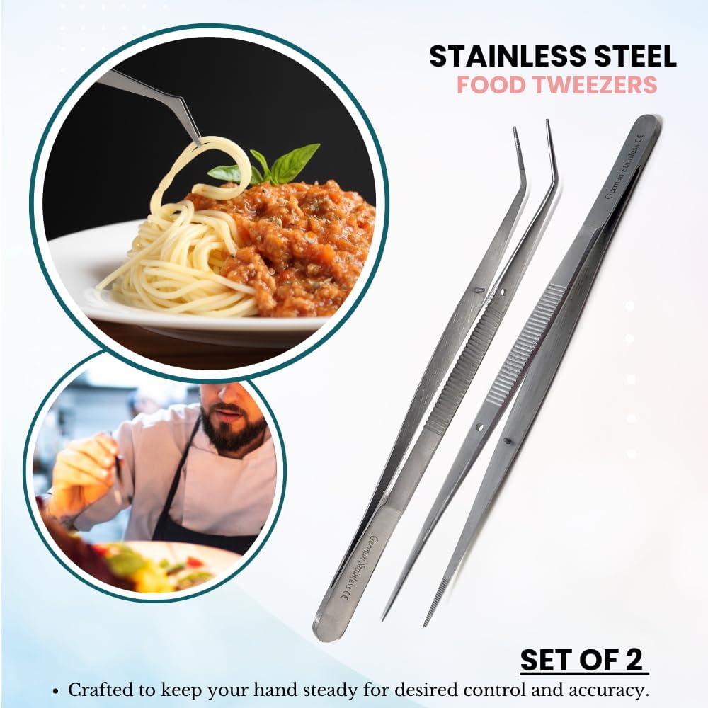 Food Plating Tweezers Culinary Kitchen Tongs Straight + Angled Tips 6" Long for Cookie Cake Decorating/Baking/Cooking Made of Stainless Steel with Fine Serrations Kitchen Utensils
