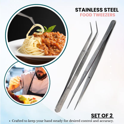 Food Plating Tweezers Culinary Kitchen Tongs Straight + Angled Tips 6" Long for Cookie Cake Decorating/Baking/Cooking Made of Stainless Steel with Fine Serrations Kitchen Utensils