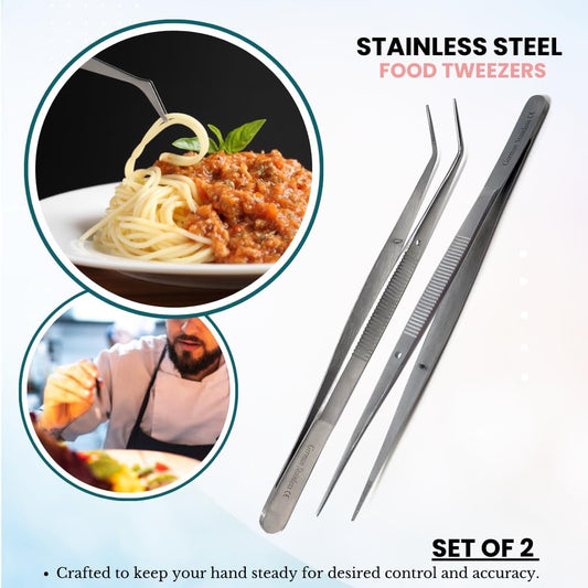 Food Plating Tweezers Culinary Kitchen Tongs Straight + Angled Tips 6" Long for Cookie Cake Decorating/Baking/Cooking Made of Stainless Steel with Fine Serrations Kitchen Utensils