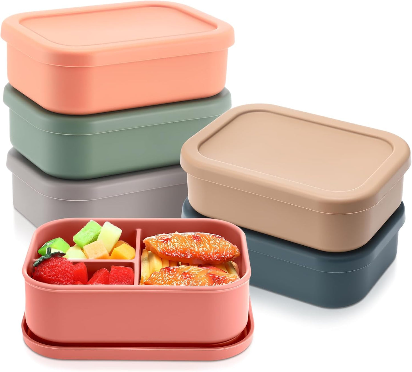 Honeydak 6 Pcs Silicone Bento Box Reusable Silicone Bento Lunch Container for Adults Microwave Dishwasher Freezer Safe 3 Compartment (Light Colors)