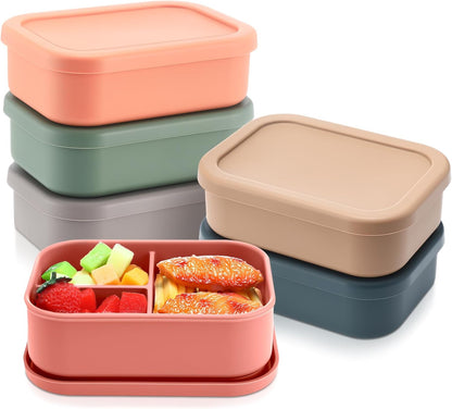 Honeydak 6 Pcs Silicone Bento Box Reusable Silicone Bento Lunch Container for Adults Microwave Dishwasher Freezer Safe 3 Compartment (Light Colors)
