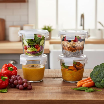 H.JSS WDJS 3Cup Round Glass Food Storage Containers with Airtight lids, 23oz Glass Meal Prep Containers, Heat-Resistant BPA-Free for Soup Leftover, Microwave, Dishwasher and Fridge Safe (white-4Pack)